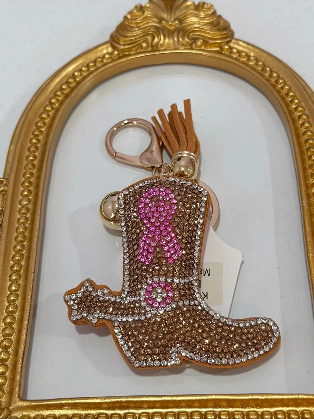 New Rhinestone Cowgirl Boot Keychain with Pink Cancer Ribbon